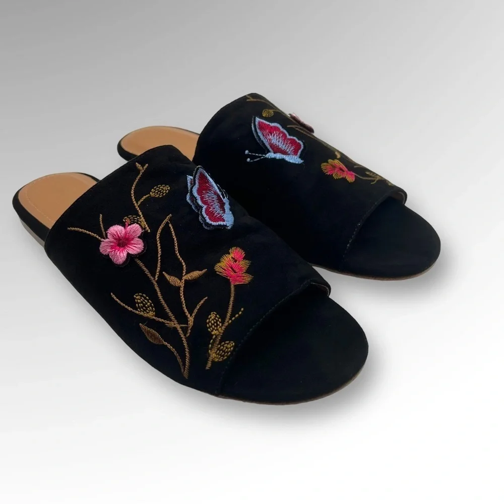 Nanette Lepore Teal Faux Suede Embroidered Floral Valentina Slide Sandal